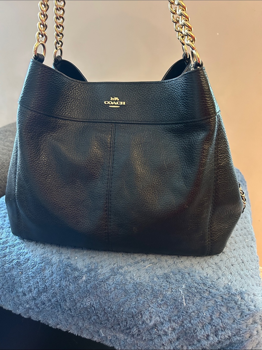 Coach Lexy Black Pebbled Leather Shoulder Bag with Gold Chain Straps